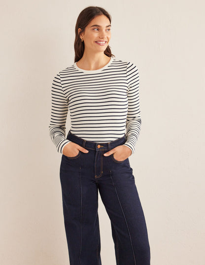Cotton Ribbed Long Sleeve Top-Ivory/Navy Stripe-1