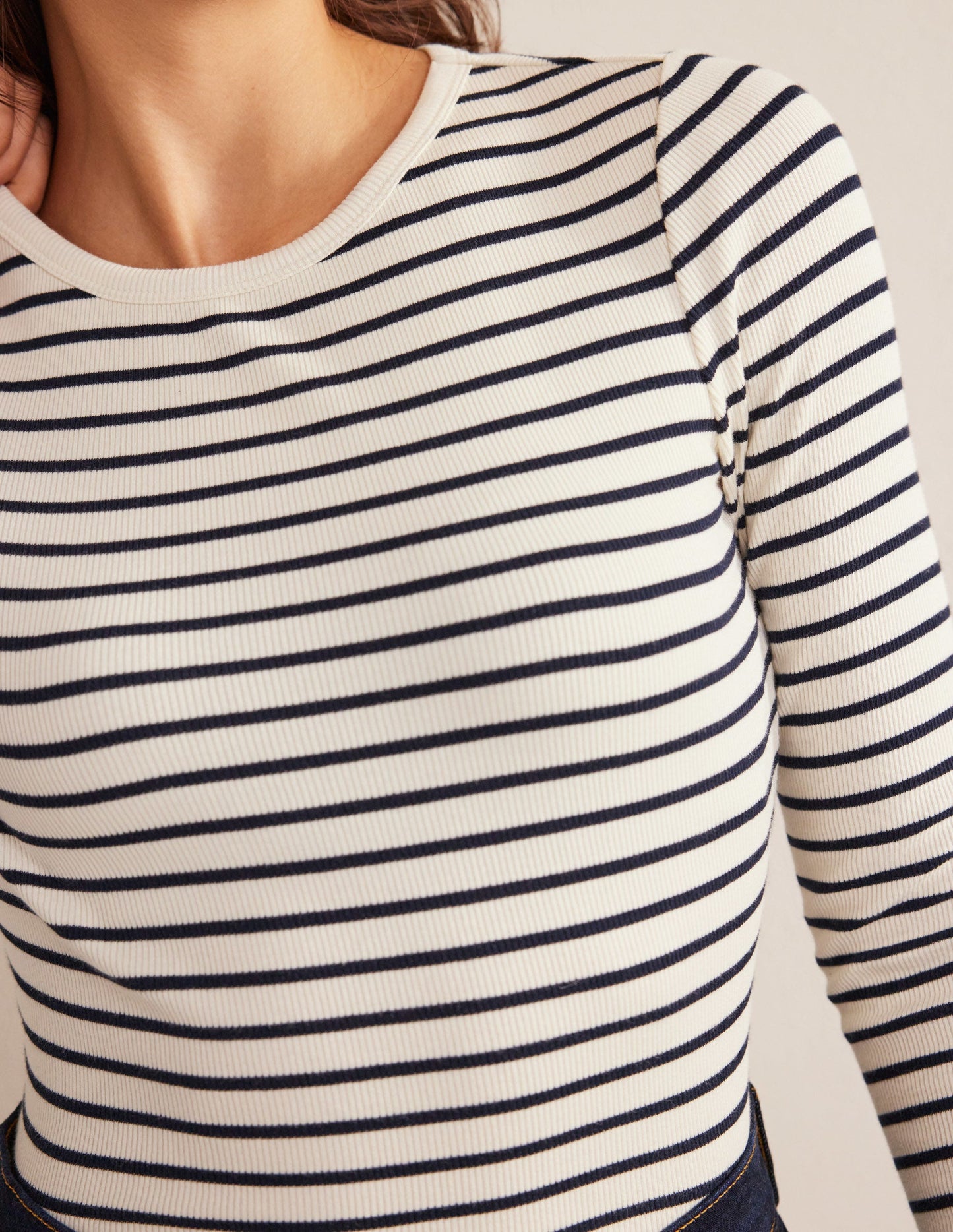 Cotton Ribbed Long Sleeve Top-Ivory/Navy Stripe