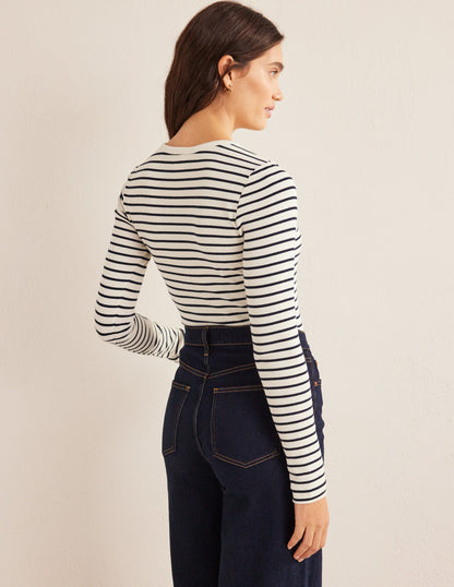 Cotton Ribbed Long Sleeve Top-Ivory/Navy Stripe-3