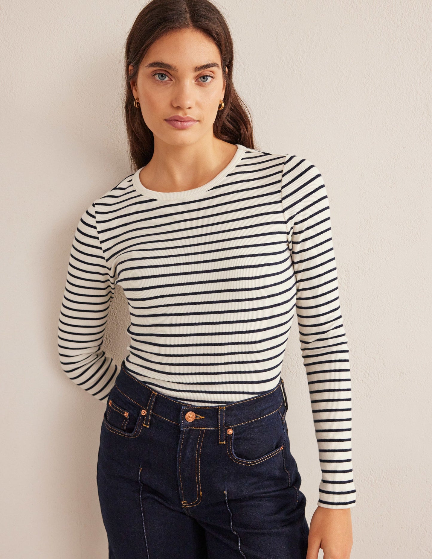 Cotton Ribbed Long Sleeve Top-Ivory/Navy Stripe