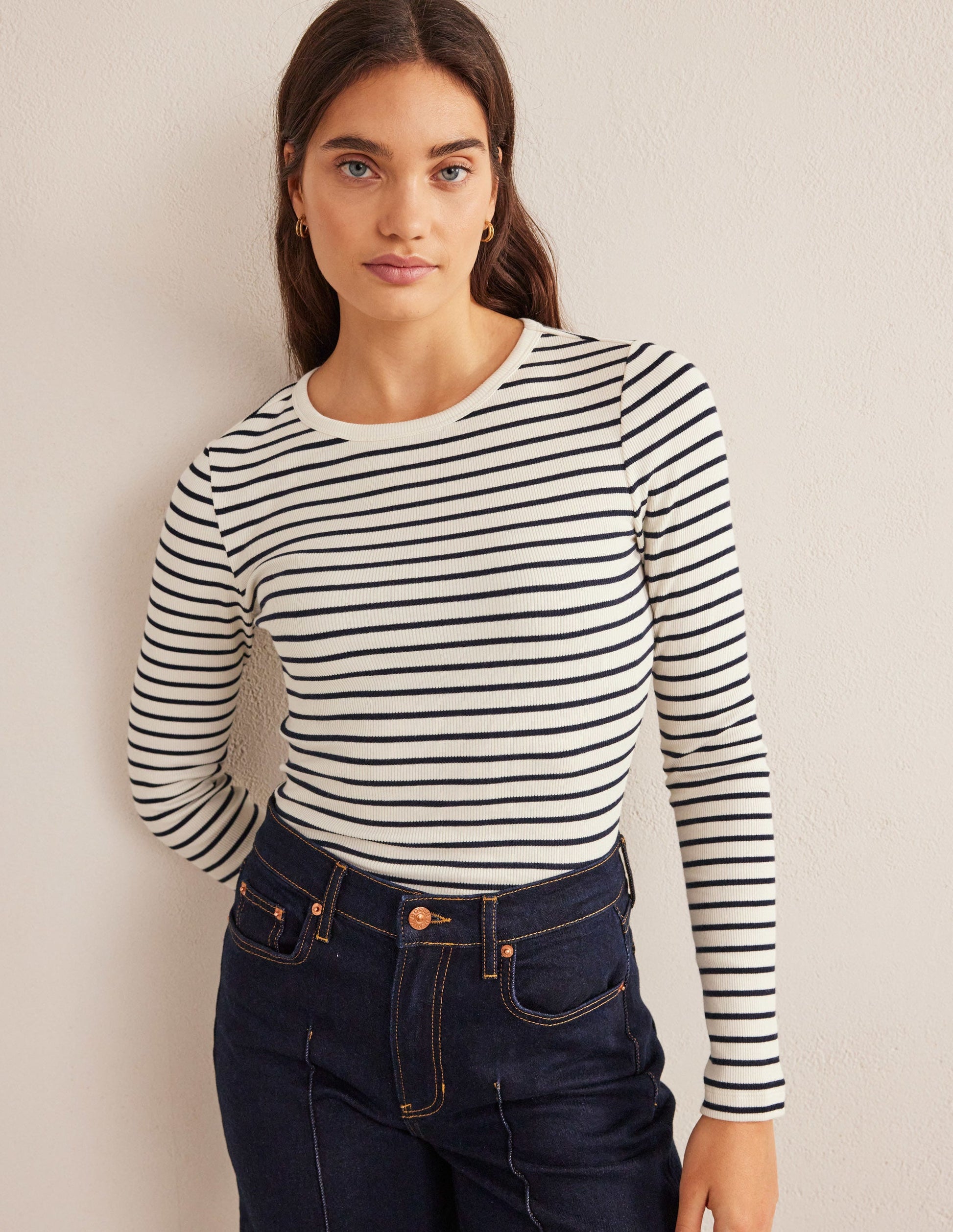 Cotton Ribbed Long Sleeve Top-Ivory/Navy Stripe-4