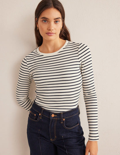 Cotton Ribbed Long Sleeve Top-Ivory/Navy Stripe-4