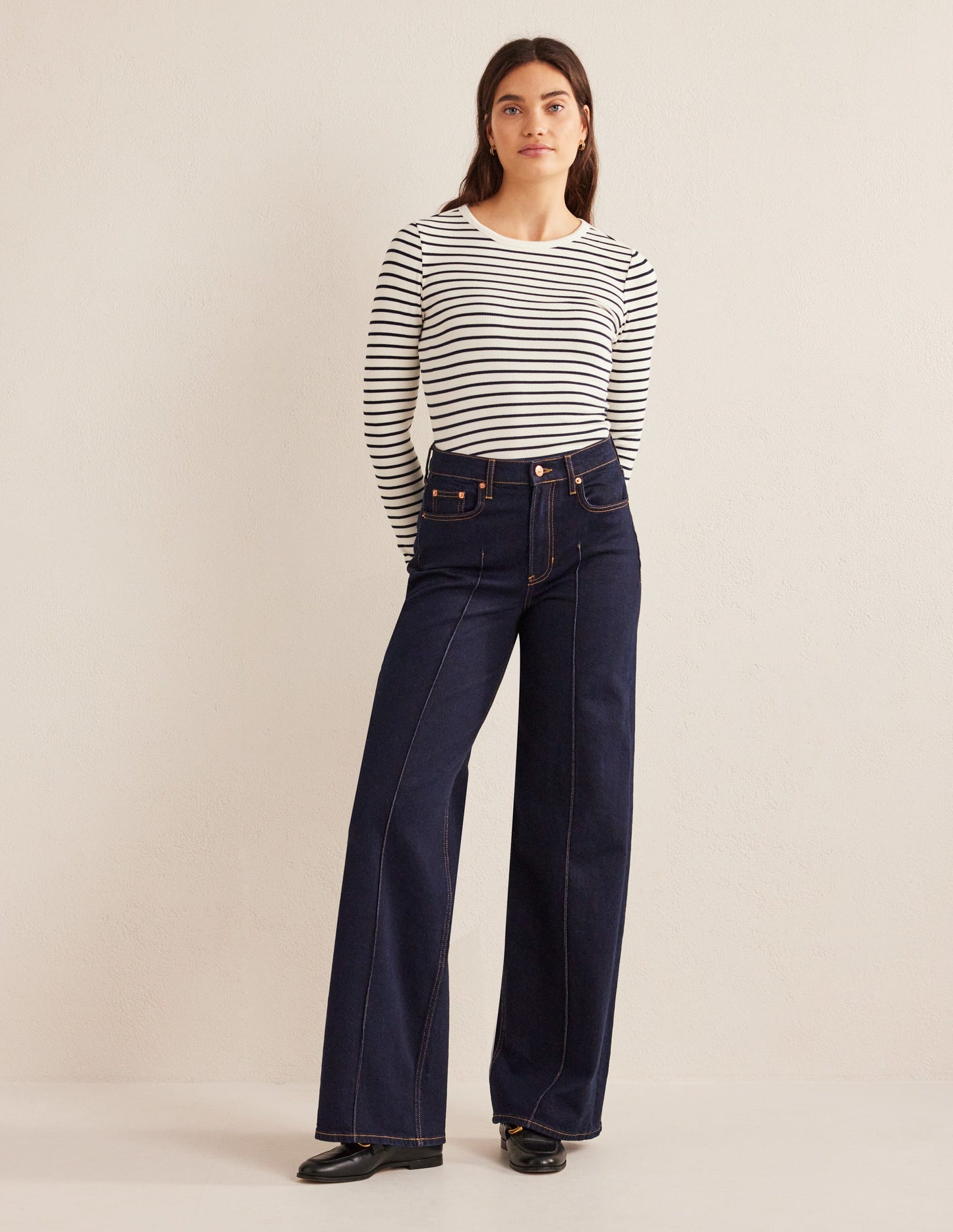 Cotton Ribbed Long Sleeve Top-Ivory/Navy Stripe