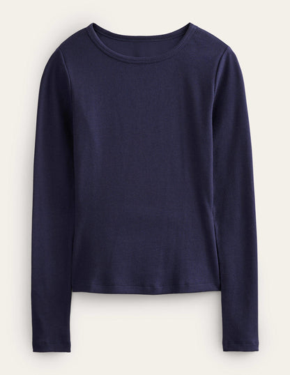 Cotton Ribbed Long Sleeve Top-Navy-5