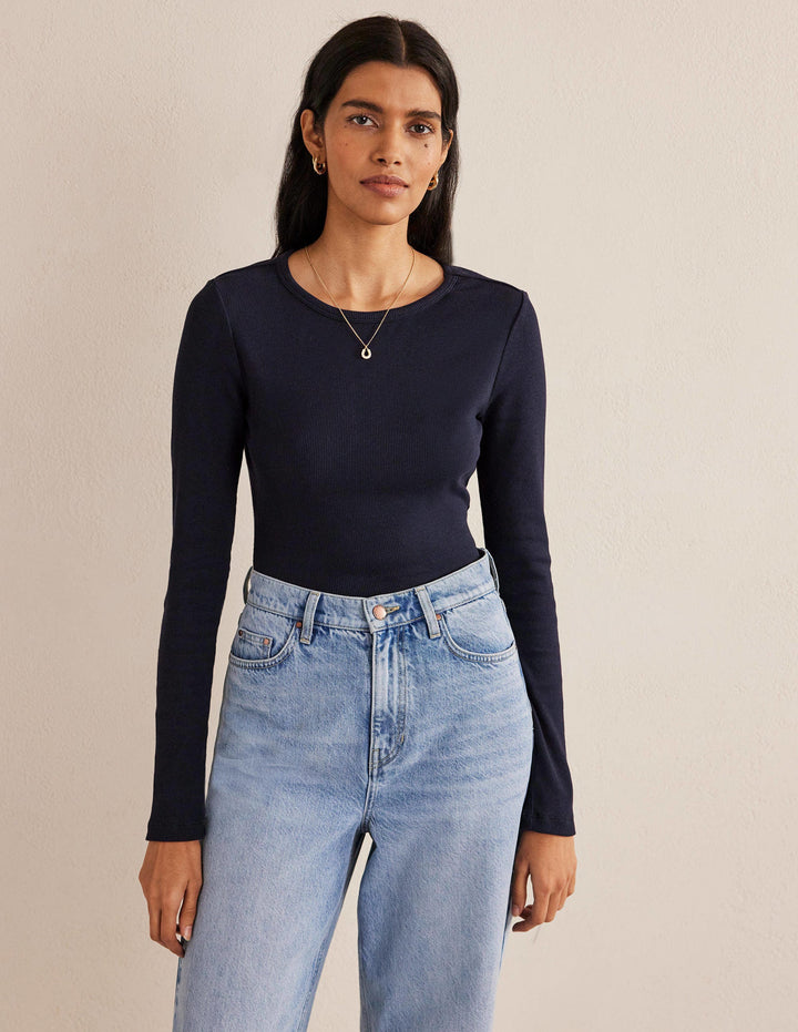 Cotton Ribbed Long Sleeve Top-Navy