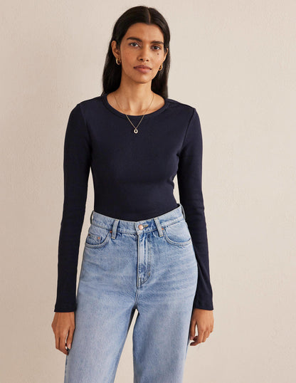 Cotton Ribbed Long Sleeve Top-Navy-1
