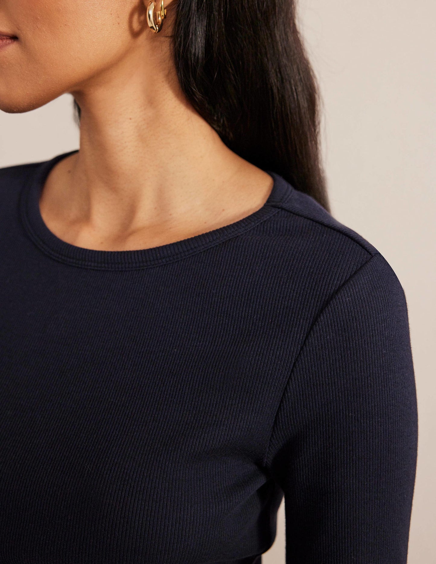 Cotton Ribbed Long Sleeve Top-Navy
