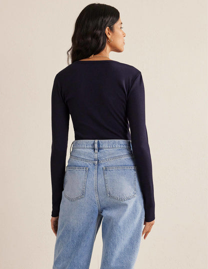 Cotton Ribbed Long Sleeve Top-Navy-3