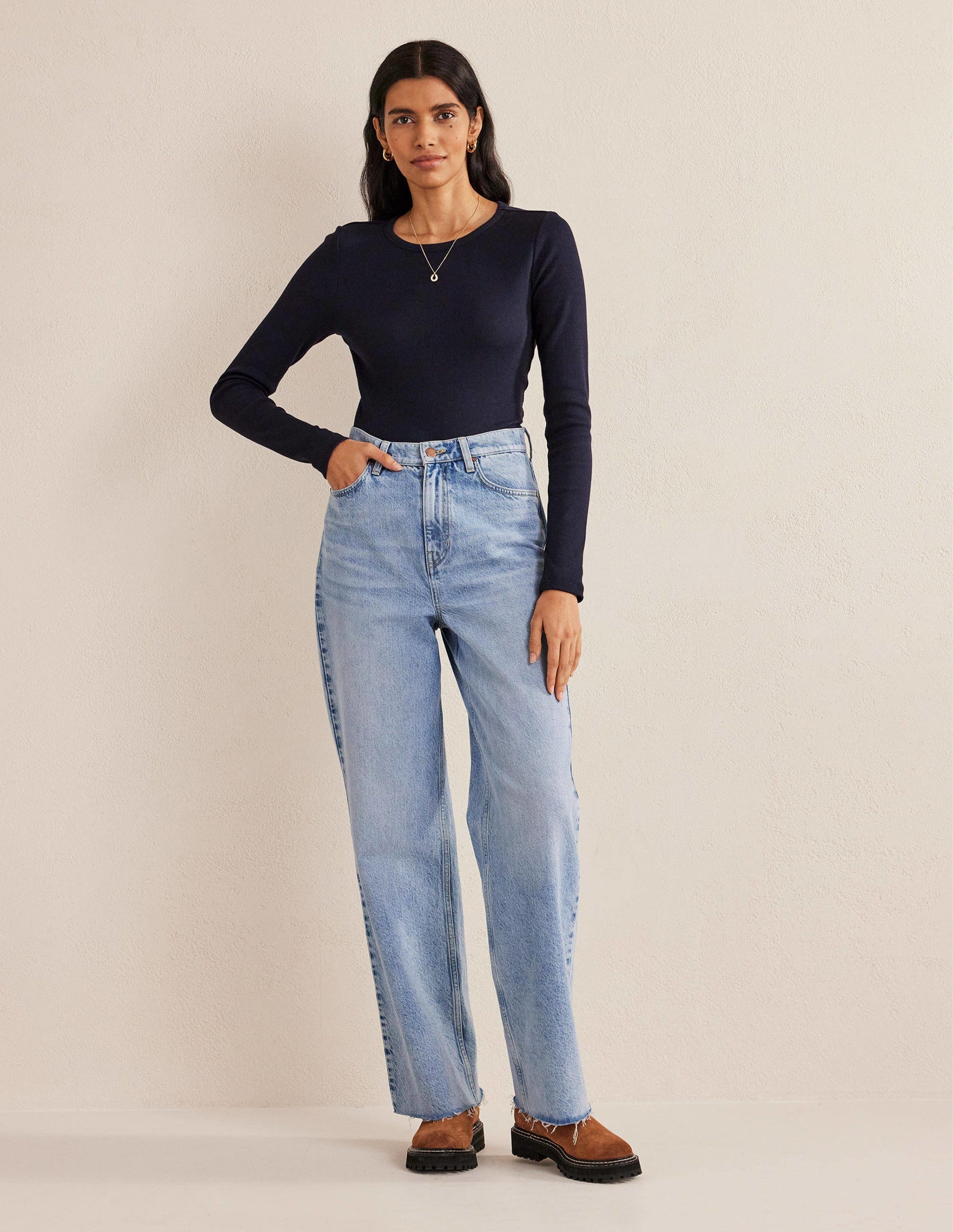 Cotton Ribbed Long Sleeve Top-Navy-4