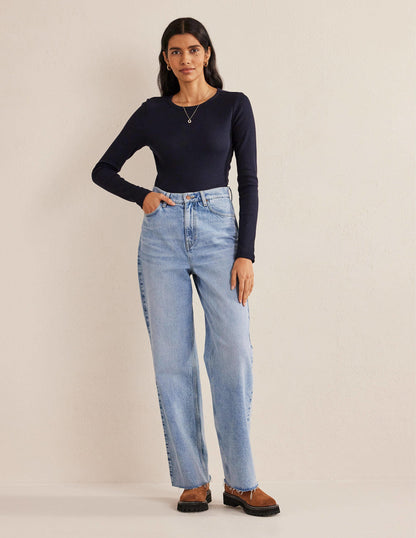 Cotton Ribbed Long Sleeve Top-Navy-4