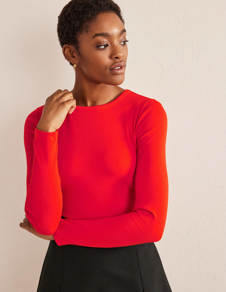 Cotton Ribbed Long Sleeve Top-Red Pop