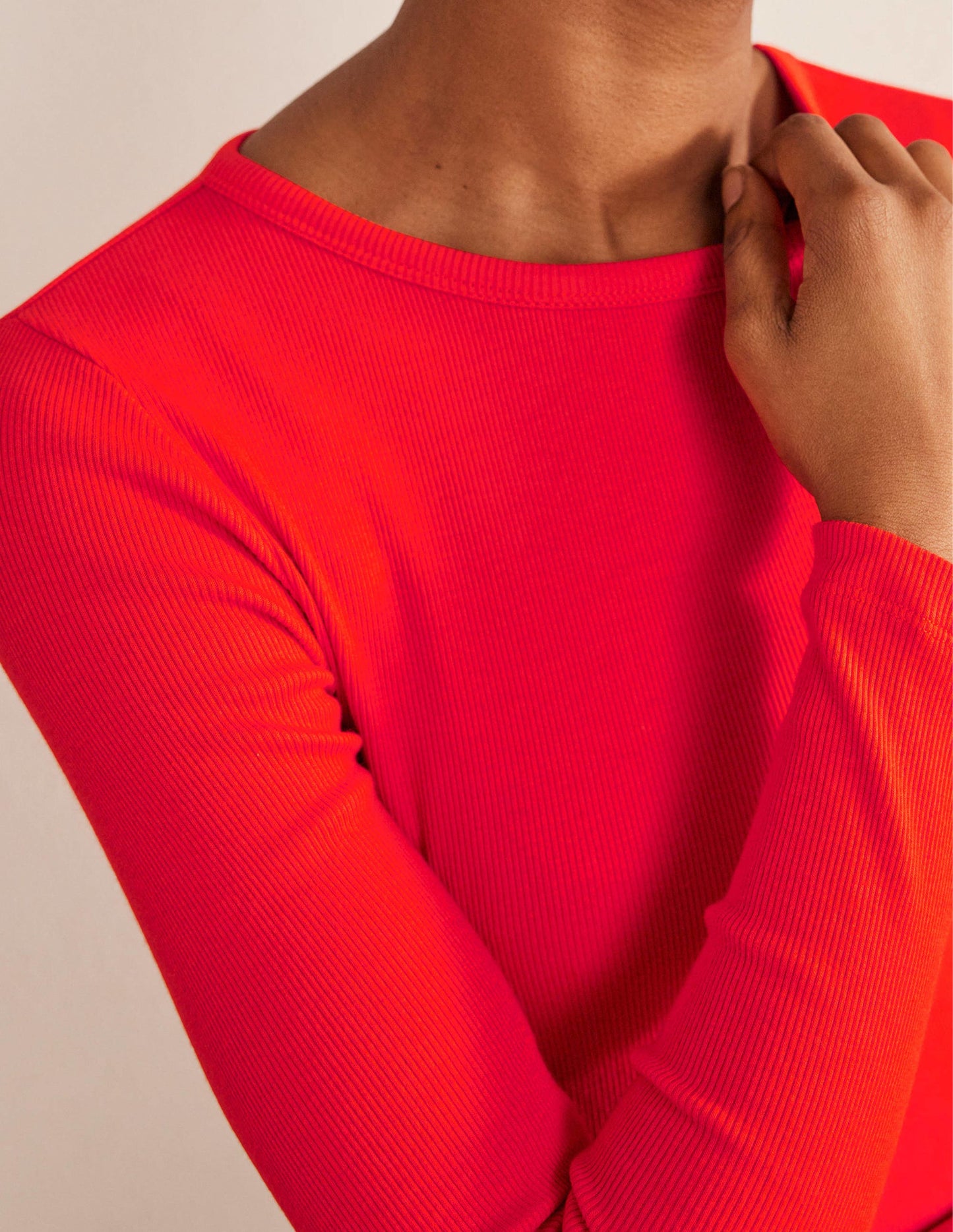 Cotton Ribbed Long Sleeve Top-Red Pop