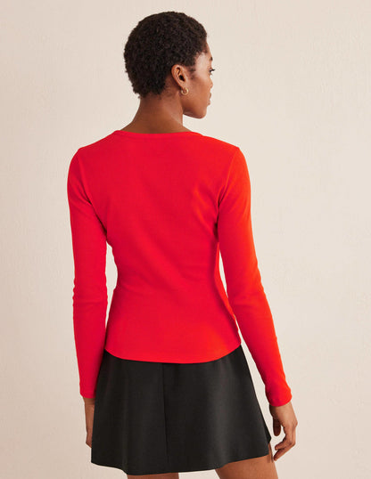 Cotton Ribbed Long Sleeve Top-Red Pop
