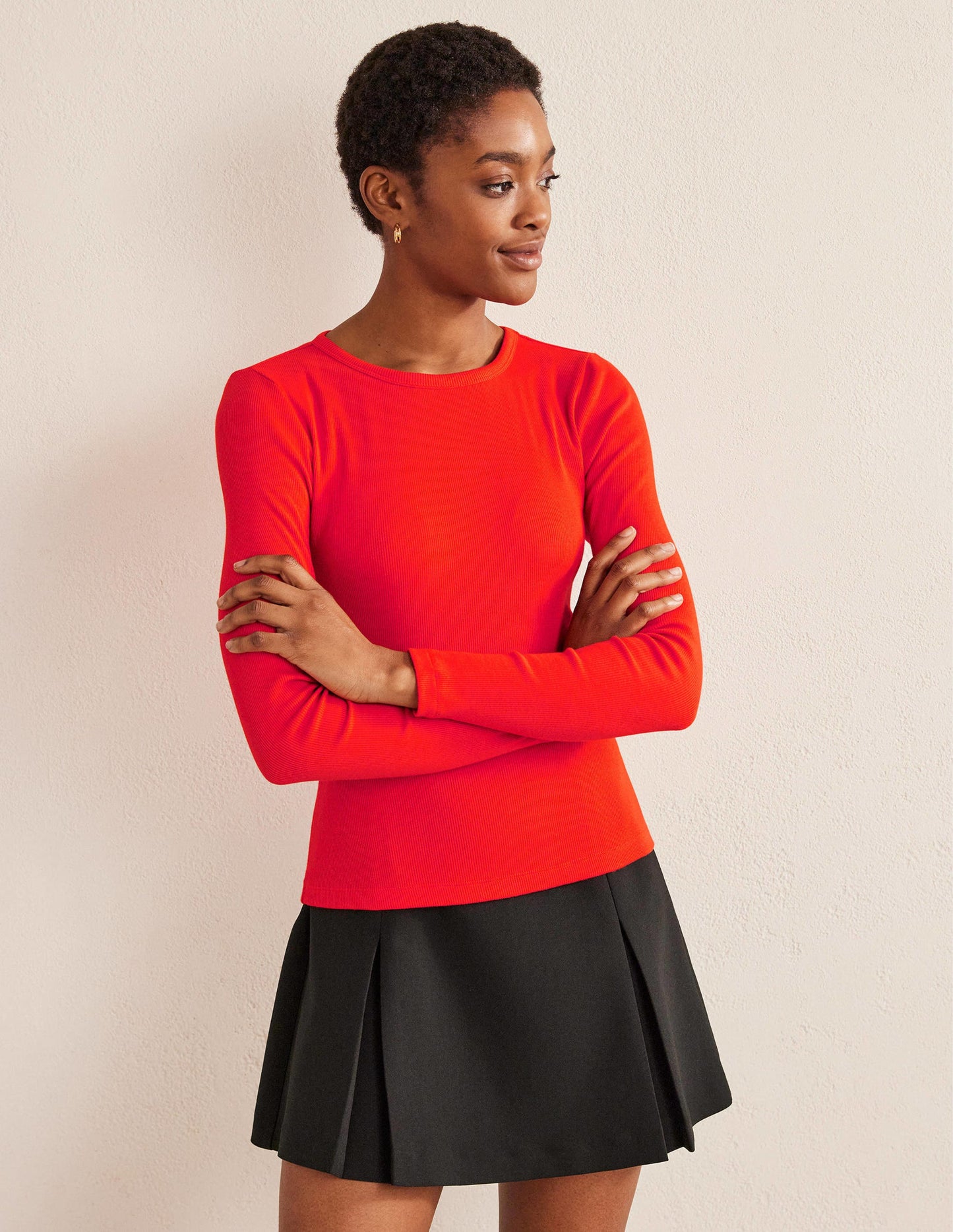 Cotton Ribbed Long Sleeve Top-Red Pop