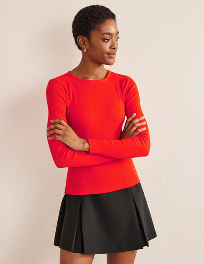 Cotton Ribbed Long Sleeve Top-Red Pop
