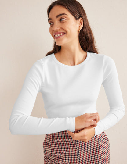 Cotton Ribbed Long Sleeve Top-White-1