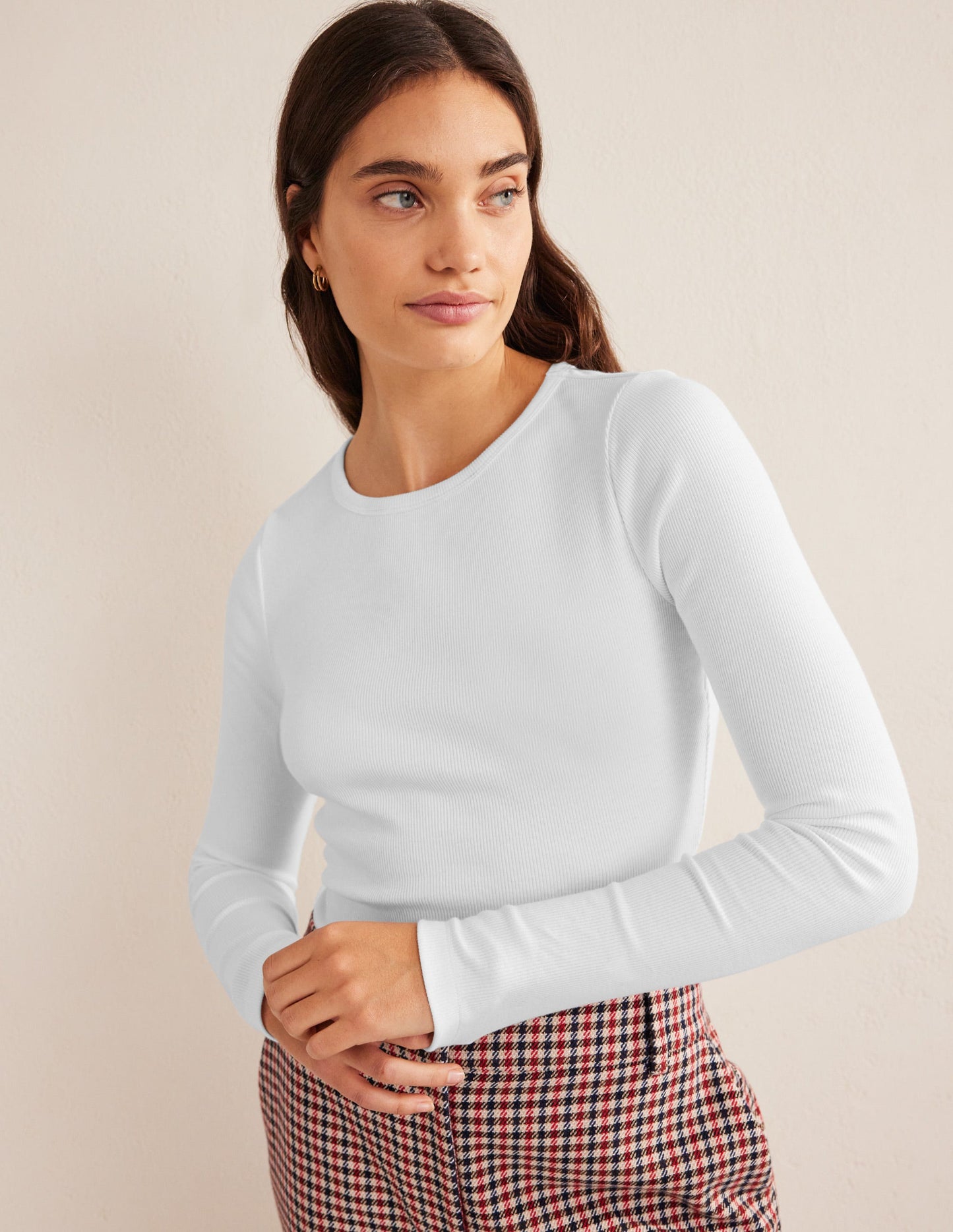 Cotton Ribbed Long Sleeve Top-White