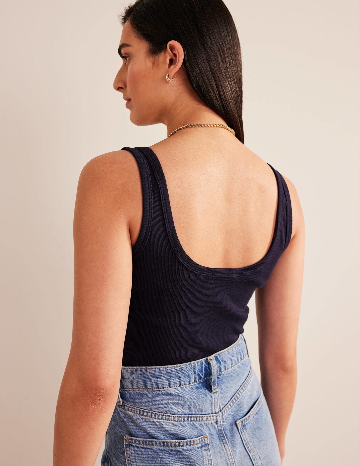 Cotton Ribbed Scoop Vest-Navy