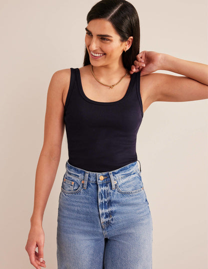 Cotton Ribbed Scoop Vest-Navy-4