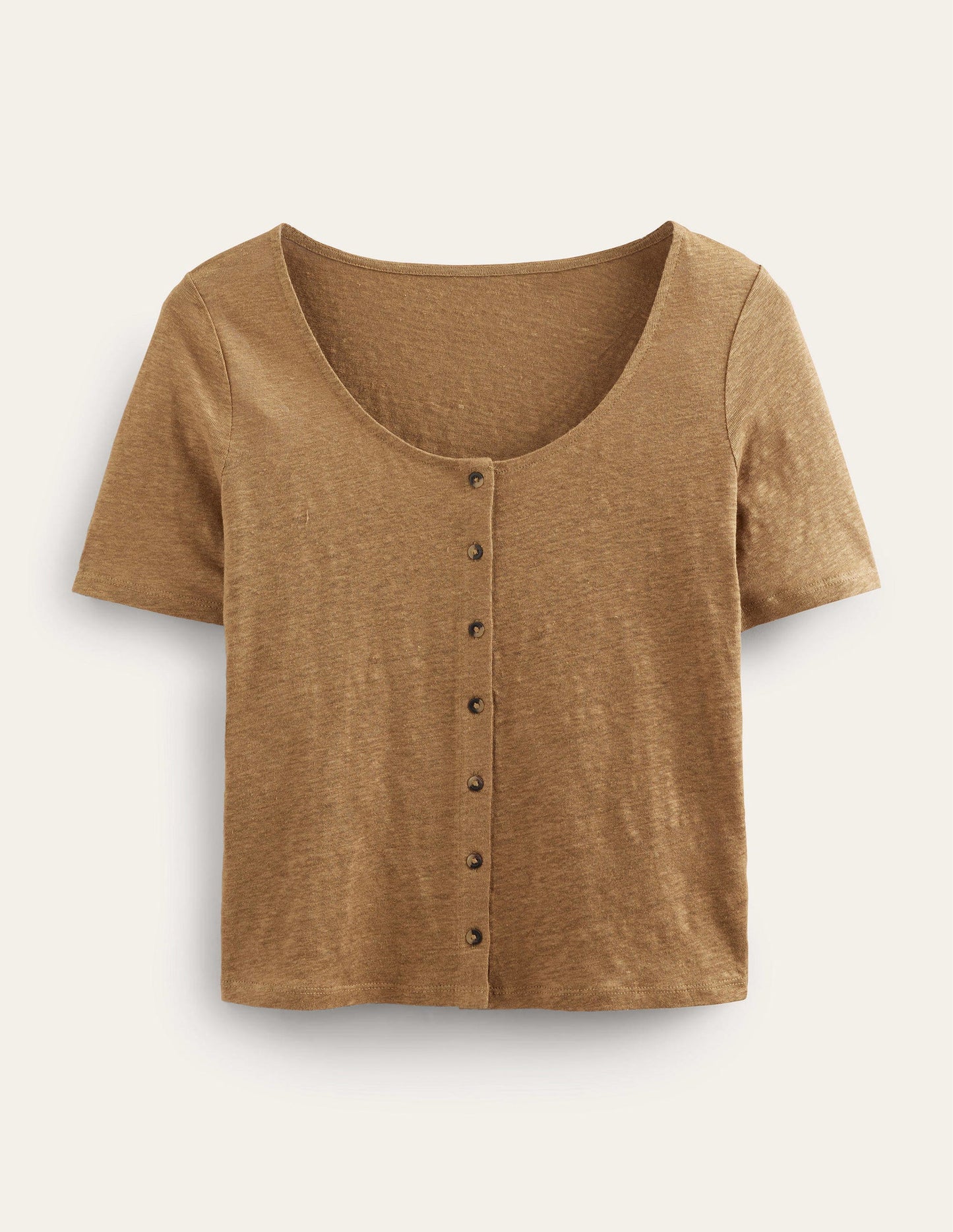 Scoop Neck Linen T-shirt-Camel