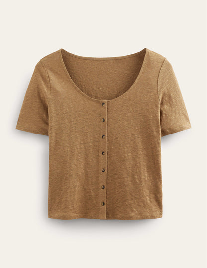 Scoop Neck Linen T-shirt-Camel-5