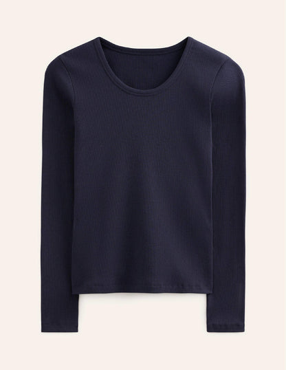 Cotton Rib Scoop Neck Top-Navy