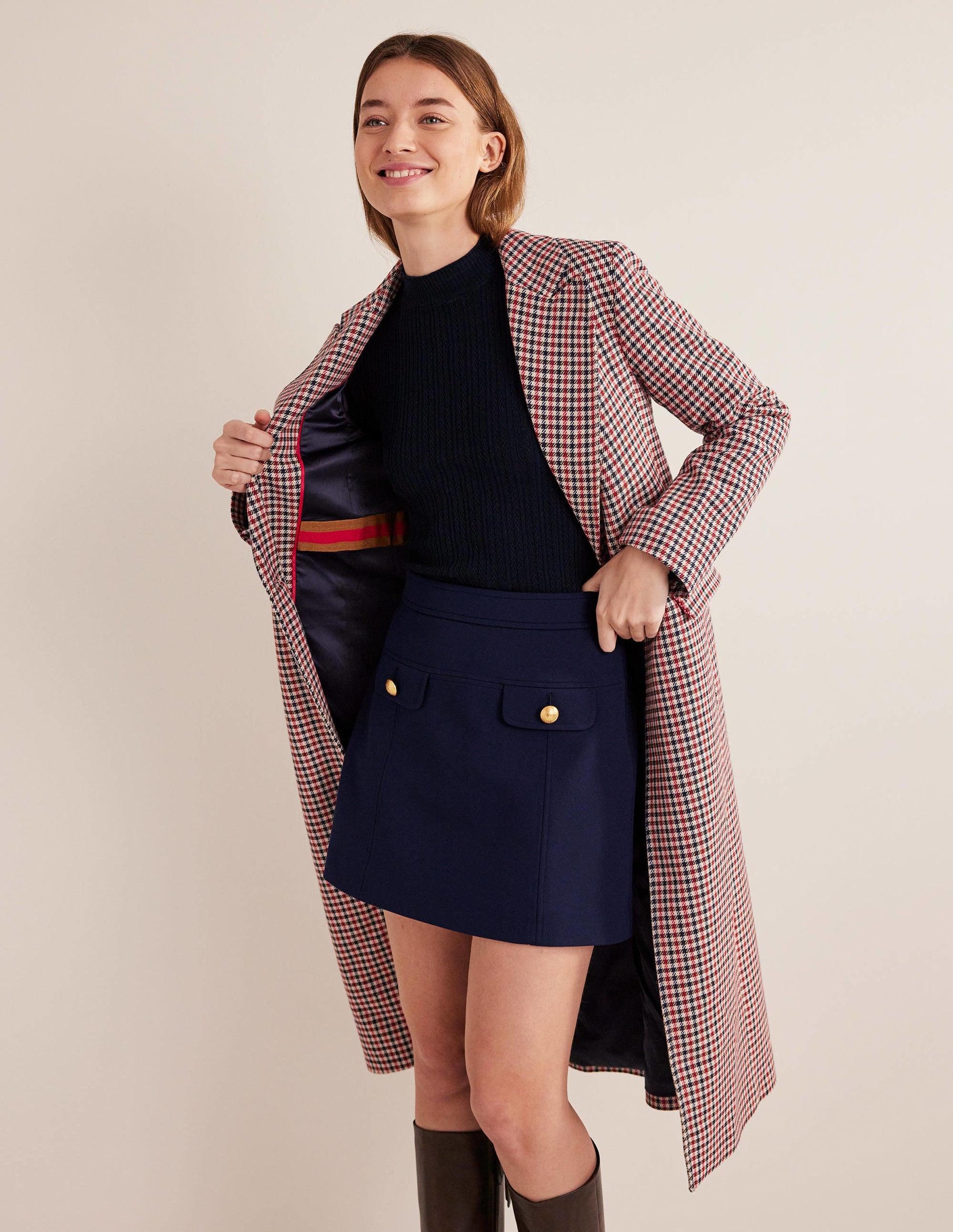 Tailored Check Maxi Coat-Red, Navy, Camel Check - Image 1