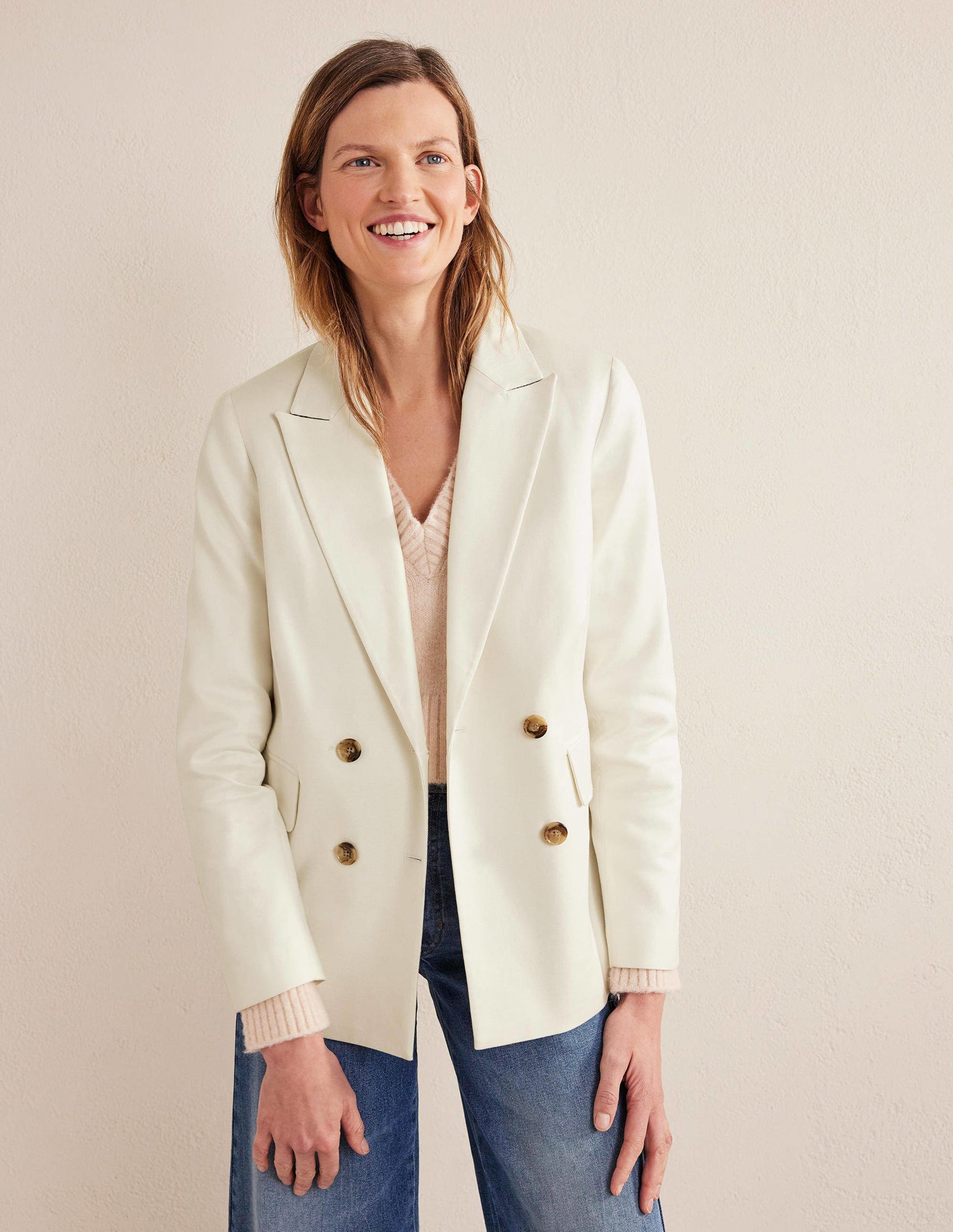 Double Breasted Twill Blazer-Ivory-1