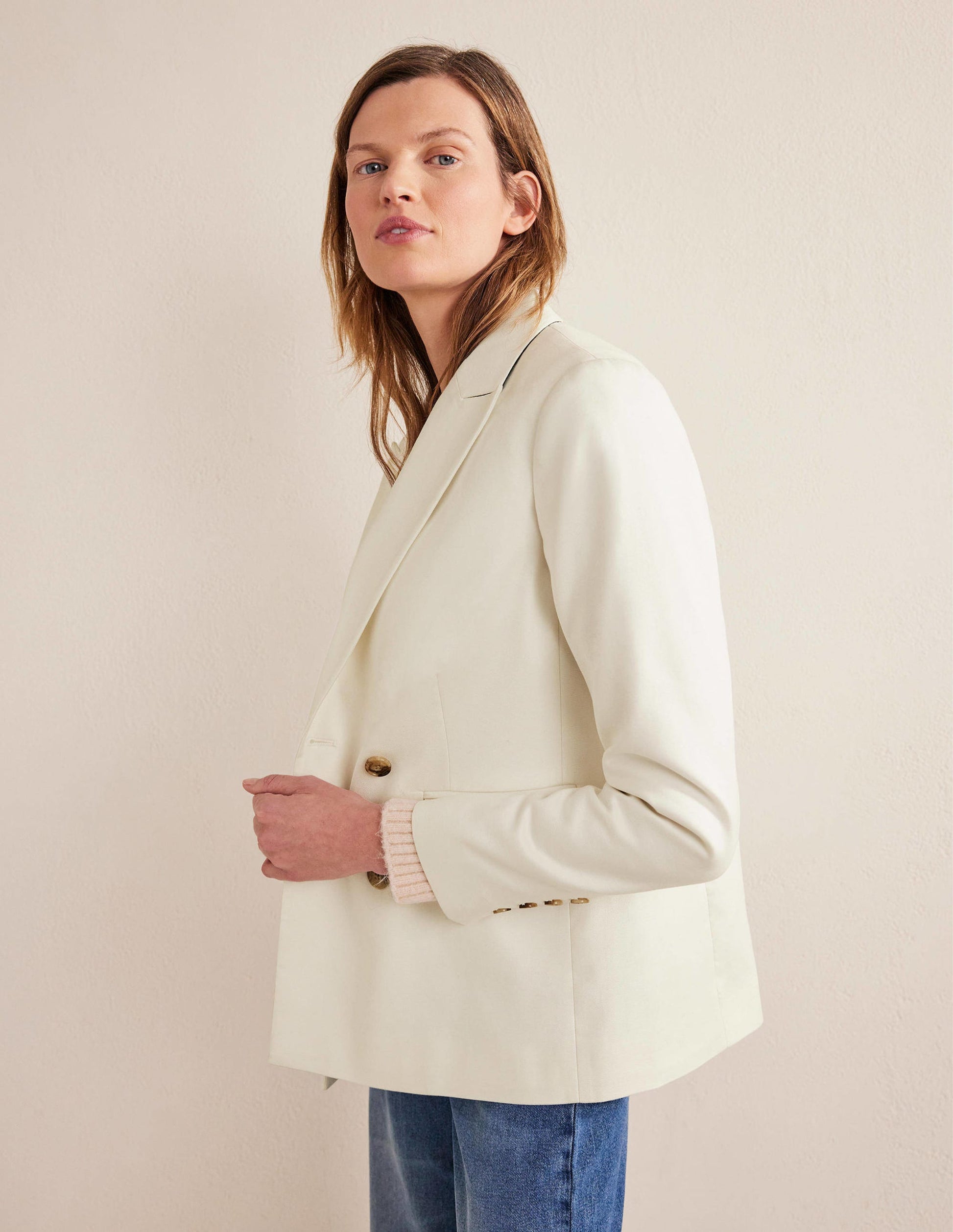 Double Breasted Twill Blazer-Ivory-5