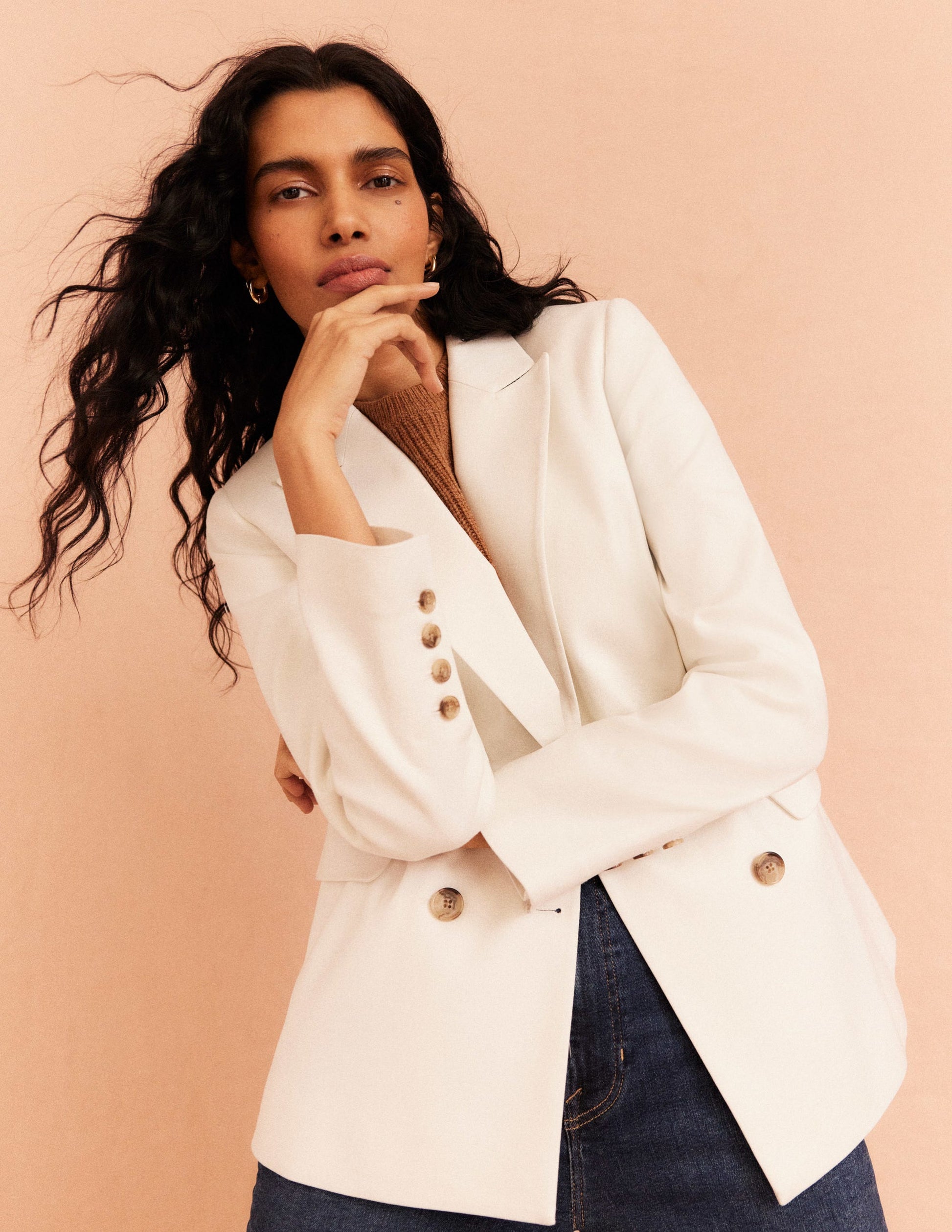 Double Breasted Twill Blazer-Ivory-7