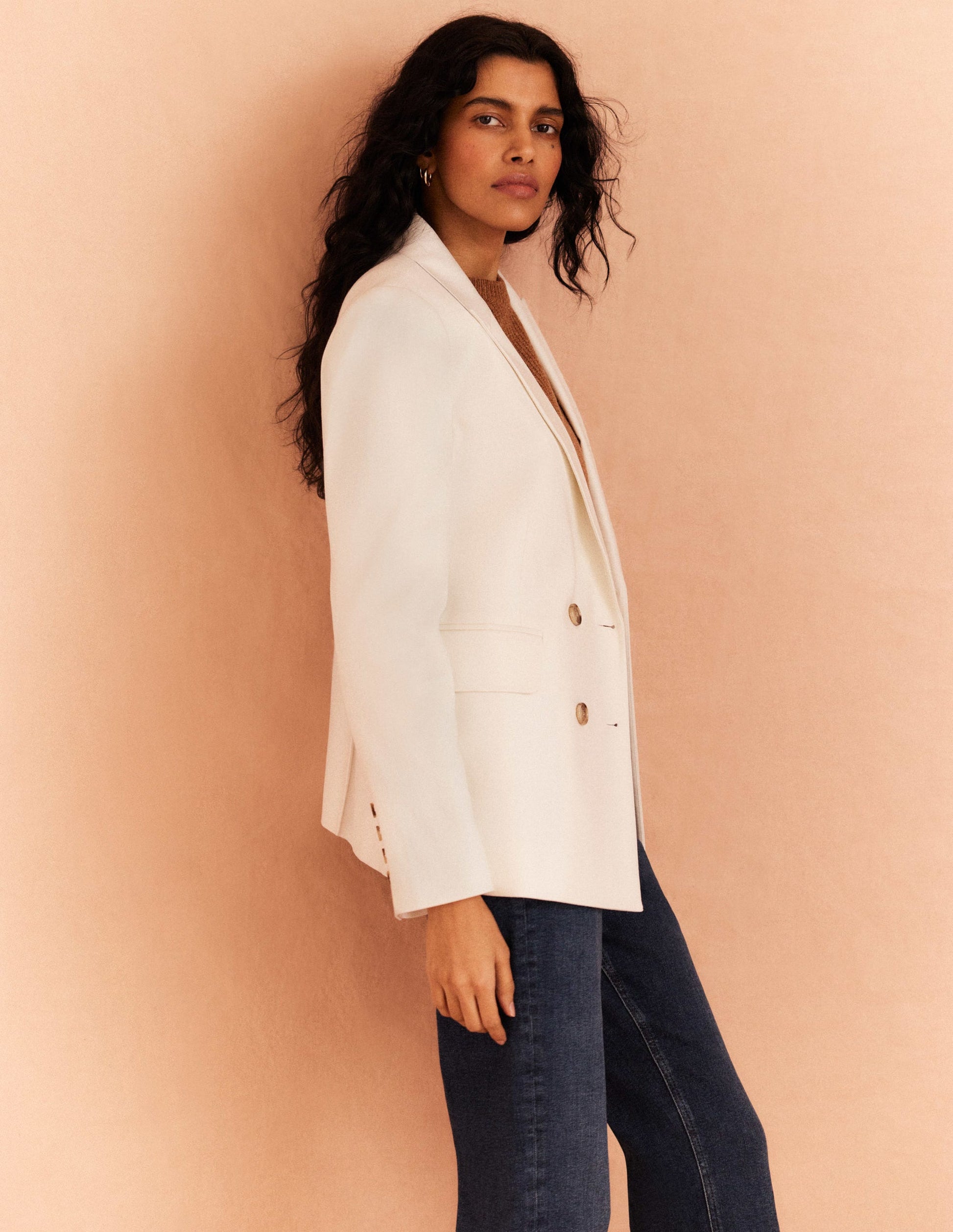 Double Breasted Twill Blazer-Ivory-11