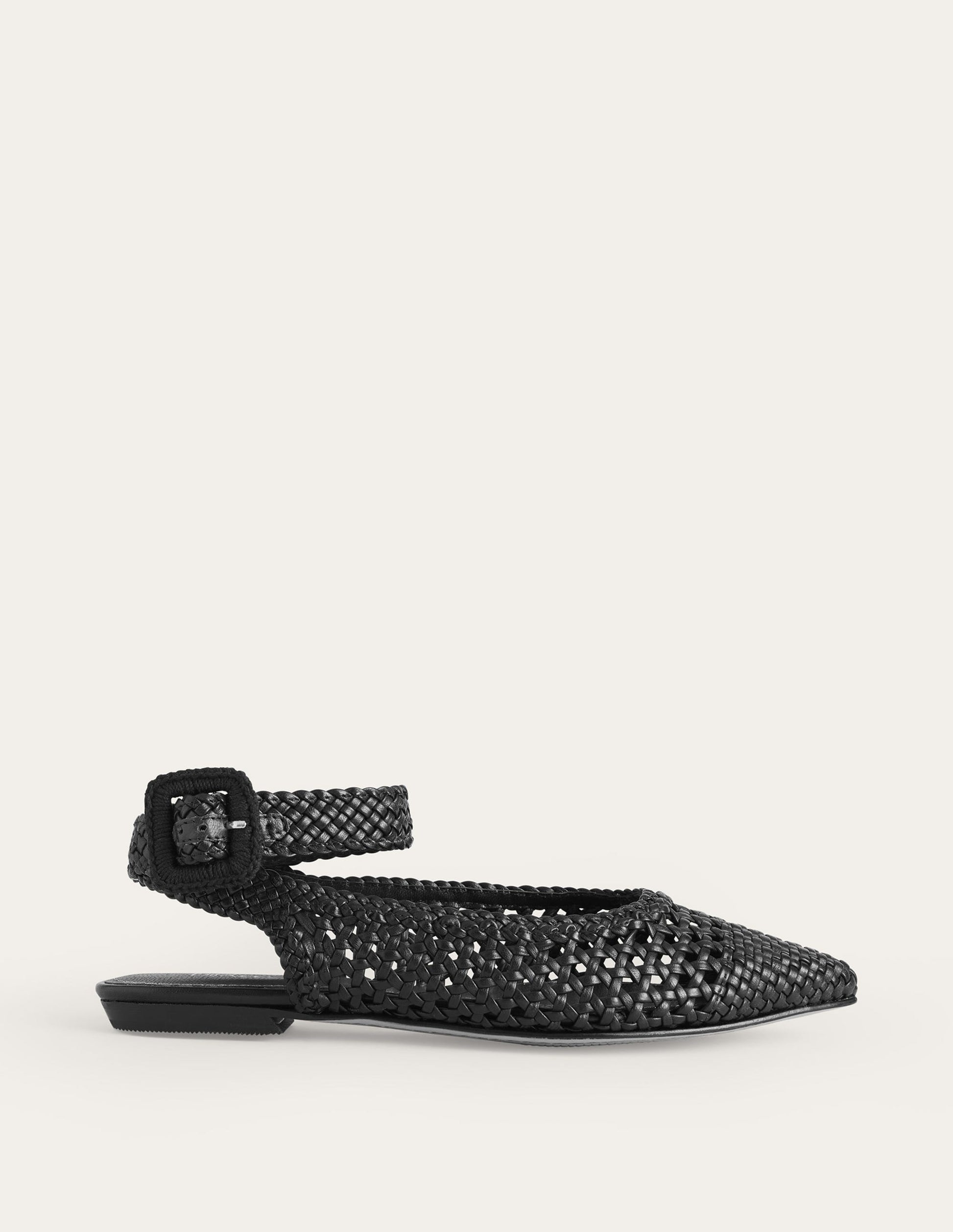 Ankle Strap Pointed Flats-Black Woven Leather-2