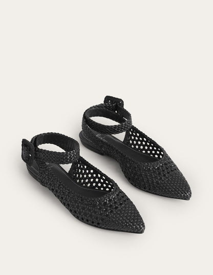 Ankle Strap Pointed Flats-Black Woven Leather-3