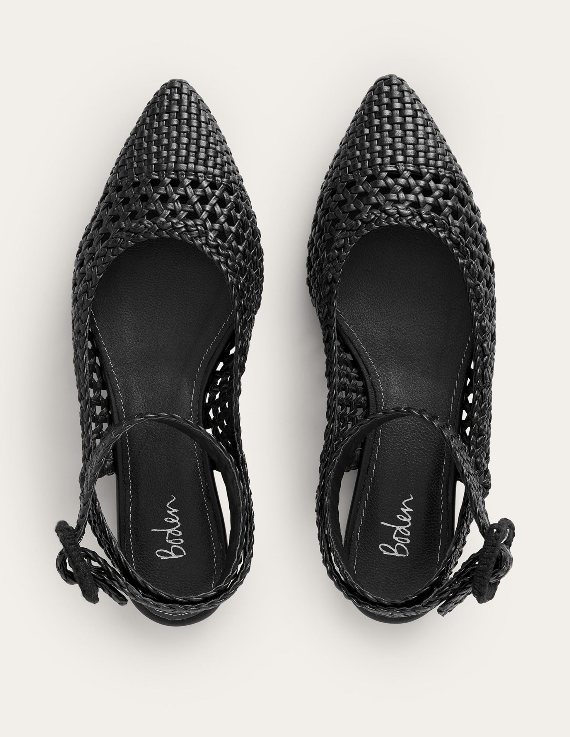 Ankle Strap Pointed Flats-Black Woven Leather-5