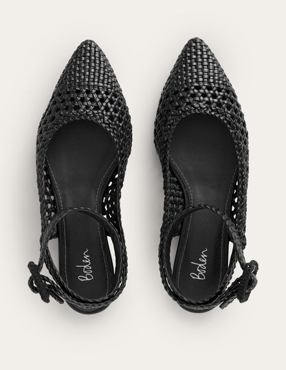 Ankle Strap Pointed Flats-Black Woven Leather-5