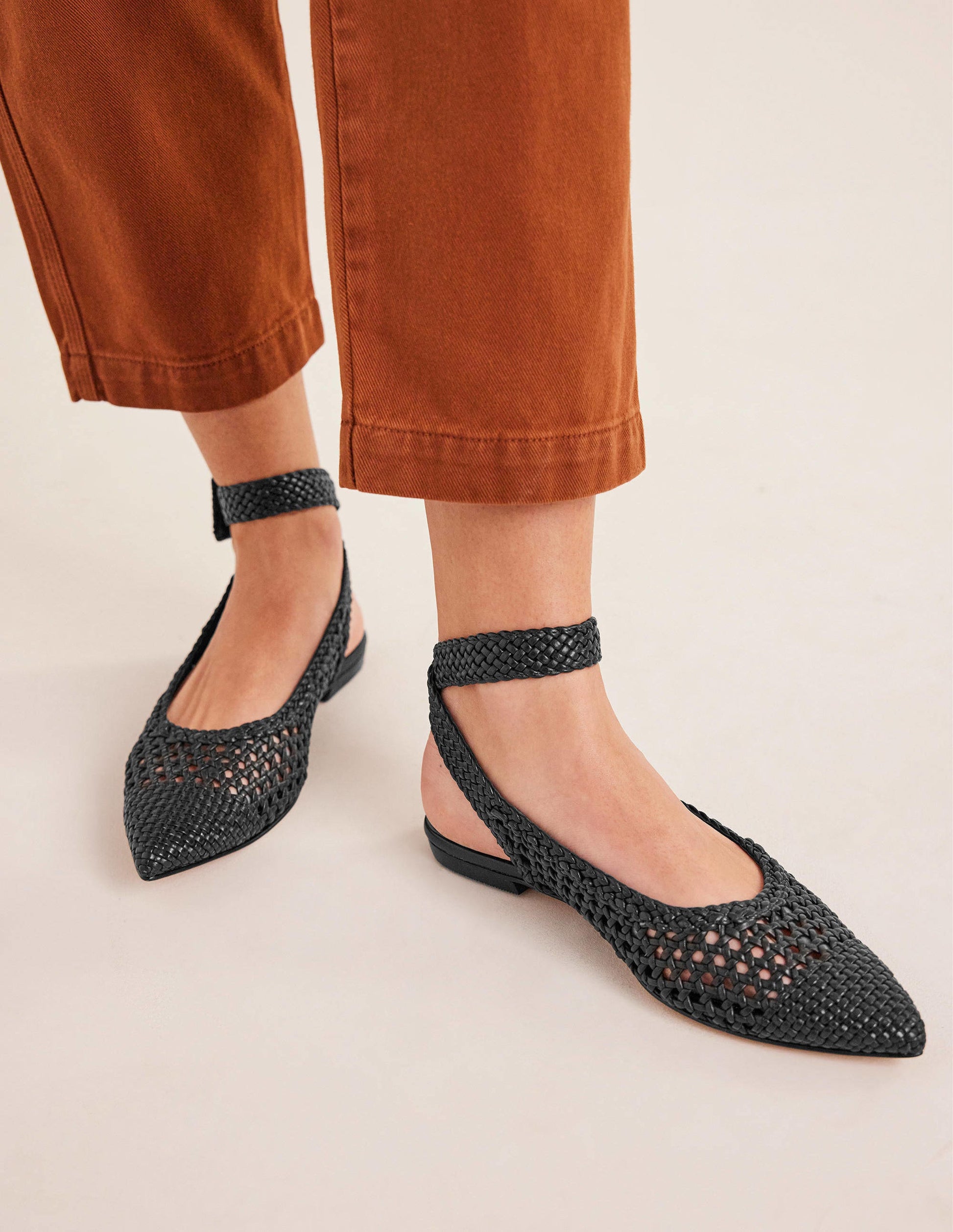 Ankle Strap Pointed Flats-Black Woven Leather-1