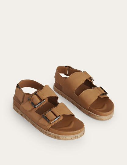 Chunky Flat Buckled Sandals-Golden Brown-3