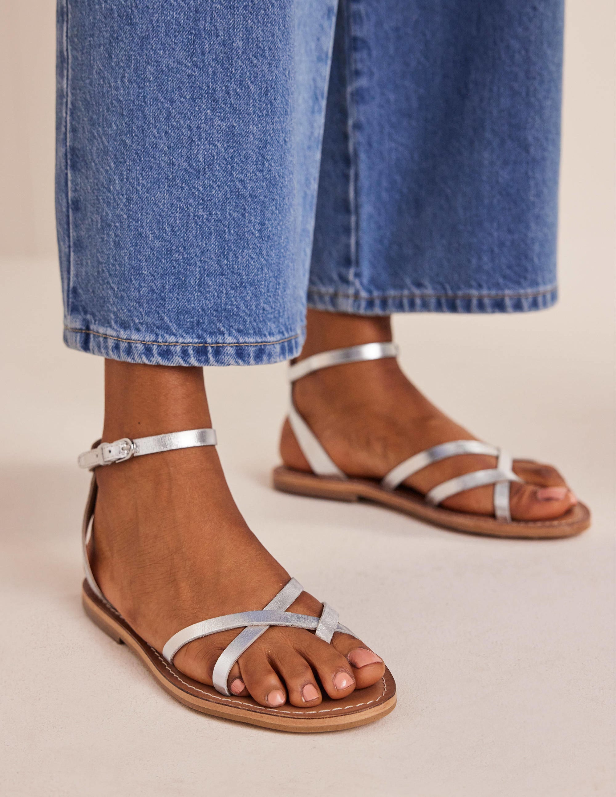 Easy Flat Sandals-Silver Metallic Leather - Image 1