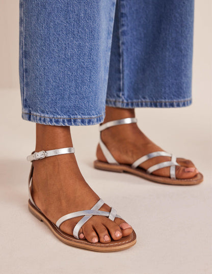 Easy Flat Sandals-Silver Metallic Leather-1