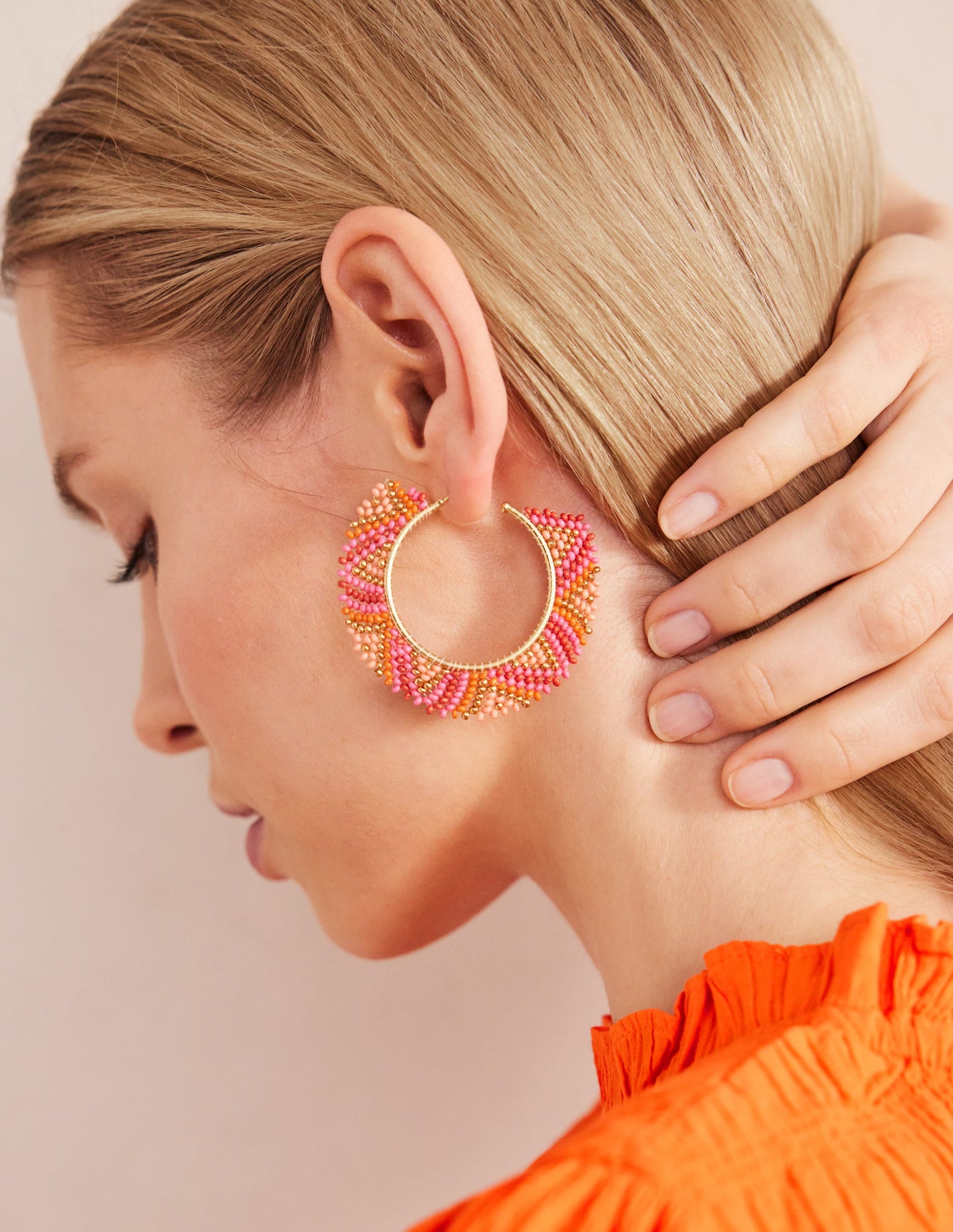 Beaded Boho Metal Hoops-Pink Multi