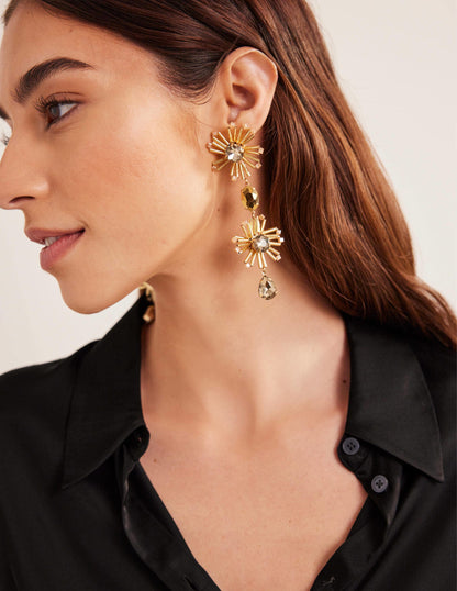 Bead Floral Drop Earrings-Gold-1