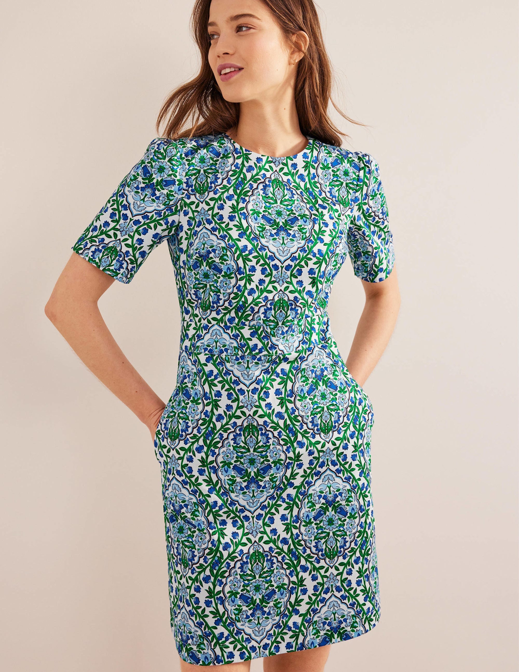 Cotton Mini Shift Dress-Linseed, Vine Terrace - Image 1