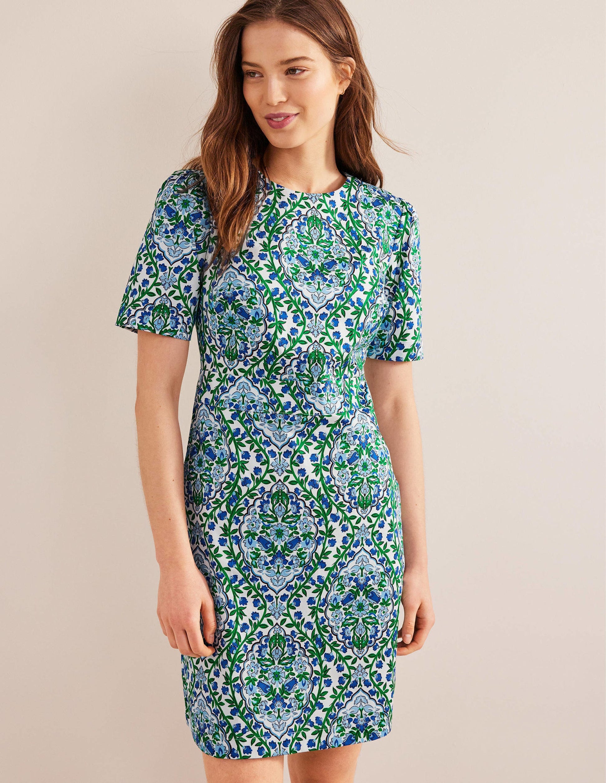 Cotton Mini Shift Dress-Linseed, Vine Terrace-4