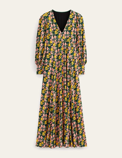 Blouson Sleeve Maxi Tea Dress-Emerald Night, Abstract Poppy