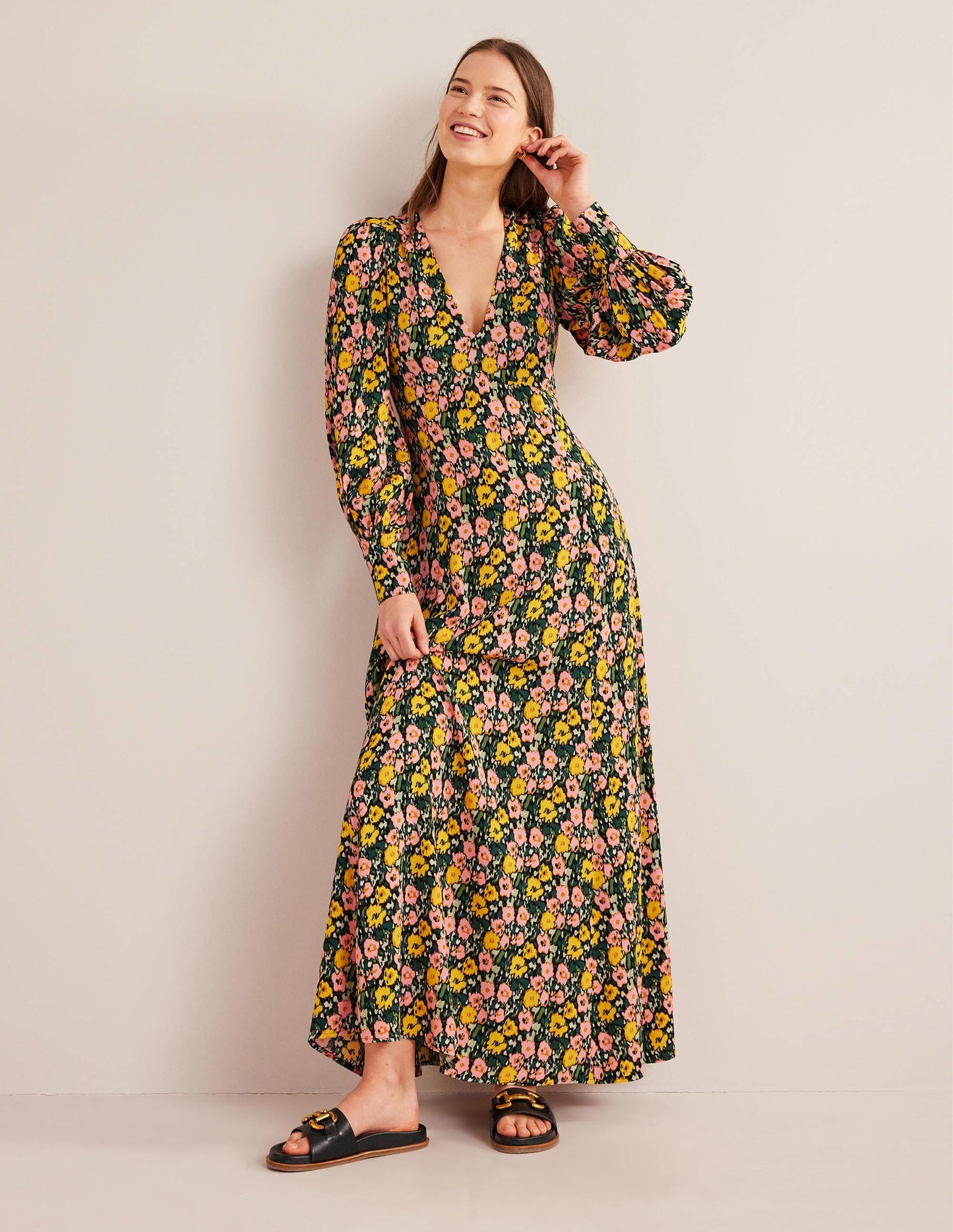 Blouson Sleeve Maxi Tea Dress-Emerald Night, Abstract Poppy