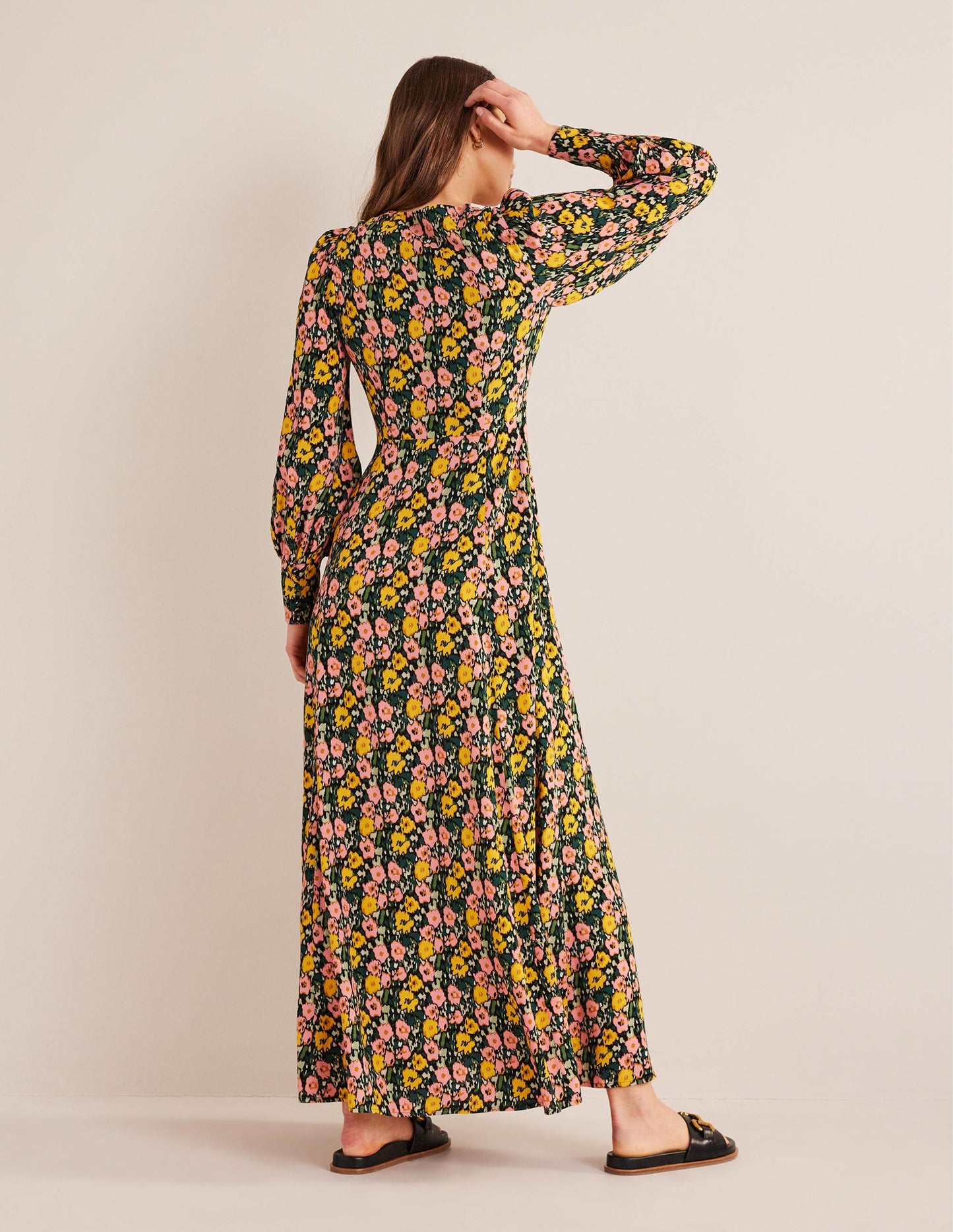 Blouson Sleeve Maxi Tea Dress-Emerald Night, Abstract Poppy