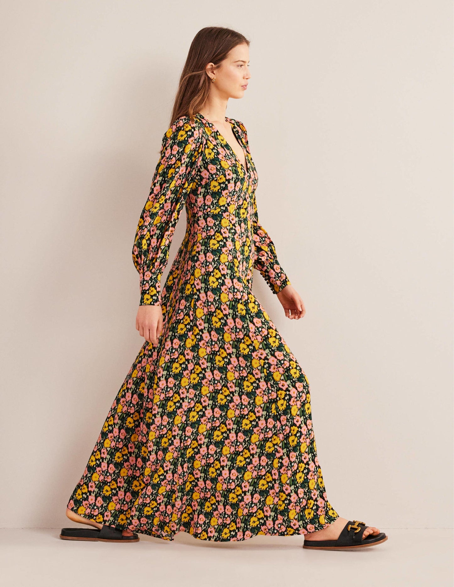 Blouson Sleeve Maxi Tea Dress-Emerald Night, Abstract Poppy