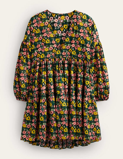 Relaxed Tiered Beach Dress-Emerald Night, Abstract Poppy