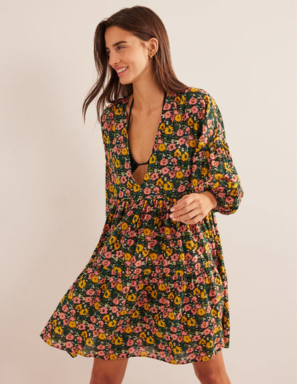 Relaxed Tiered Beach Dress-Emerald Night, Abstract Poppy