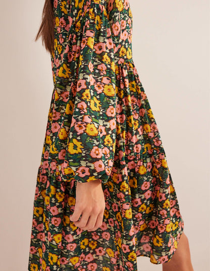 Relaxed Tiered Beach Dress-Emerald Night, Abstract Poppy